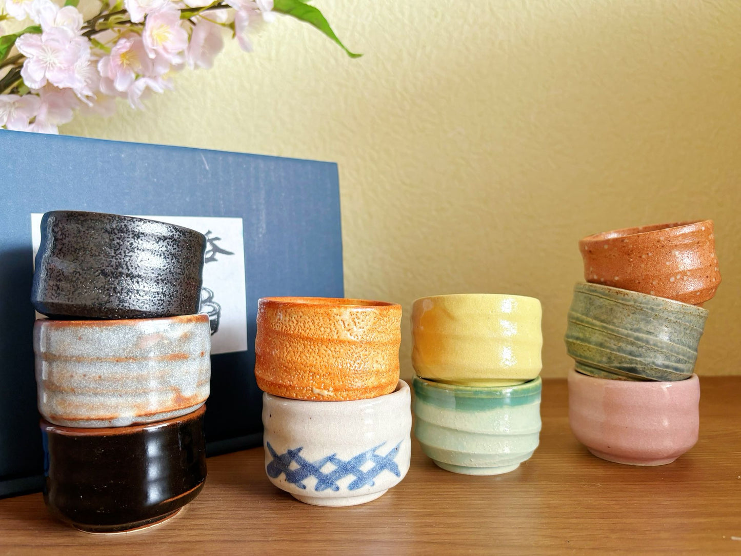 Wabi Sabi Handmade Kodawari Guinomi Sake Cups Set | 10 Collectors' Japanese Sake/ Teacups in Contrasting Colour Combos/ Macaron Candy Glaze