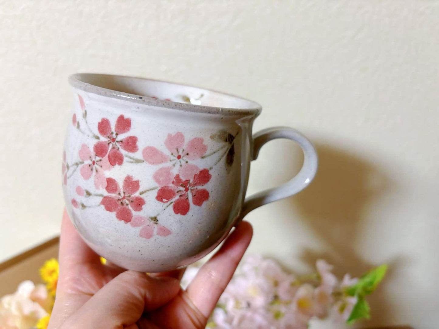 Japanese Handmade Ceramic Sakura Coffee Mug | Mino Ware Cherry Blossoms Tea Cups & Coaster Gift Set