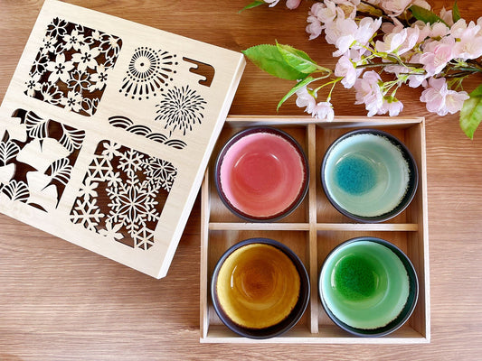 Set of 4 Handmade Mino Ware Ceramic Tea Cups Gift Box | Japanese Colorful Sake Cups in Wooden Box