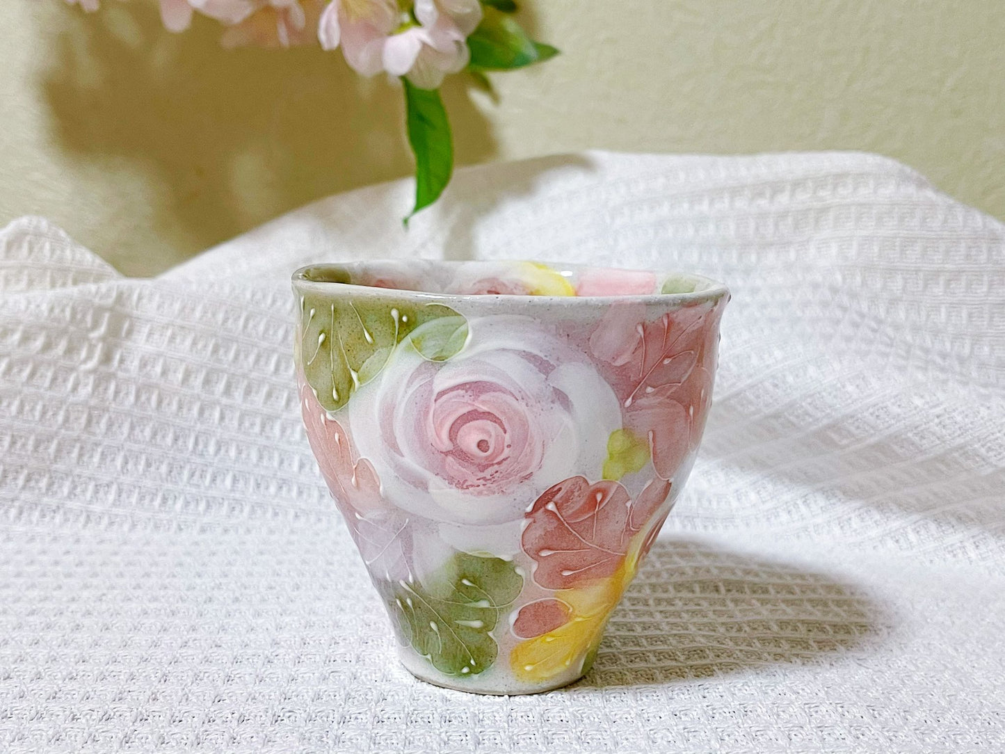 Hand-Painted Rose Tea Mug|Japanese Ceramic Coffee Mug| Handmade Setoyaki Teaware|Authentic Japanese Ceramic Mug with Floral Design