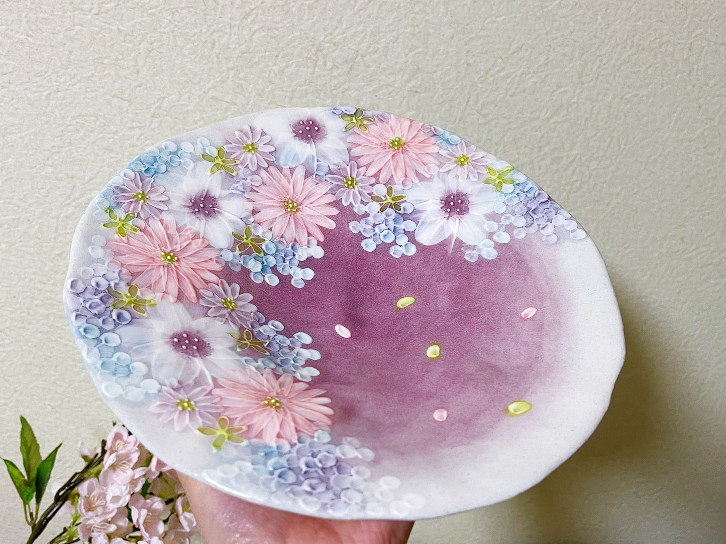 Japanese Seto-Ware hand-painted Sakura Blossom ceramic plate | Japanese premium tableware ceramic artwork | Sakura Pasta Plate / Salad Plate