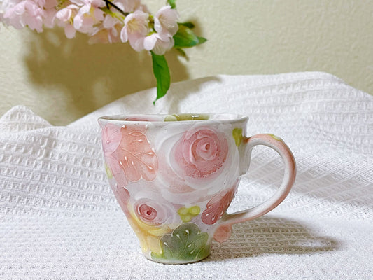 Hand-Painted Rose Tea Mug|Japanese Ceramic Coffee Mug| Handmade Setoyaki Teaware|Authentic Japanese Ceramic Mug with Floral Design