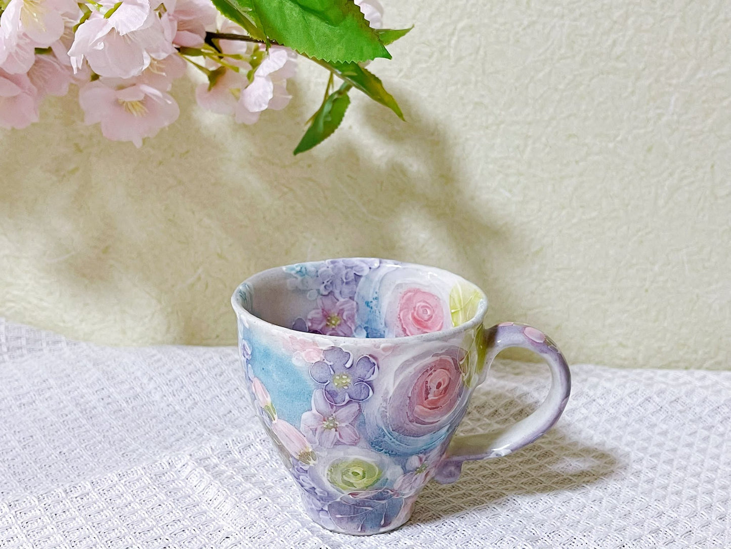 Japanese Handmade Setoyaki Hanami Floral Coffee Cup| 3D Spring Flower Artisan Ceramic Tea Cup|Sakura Flower Afternoon Tea Pottery Mug