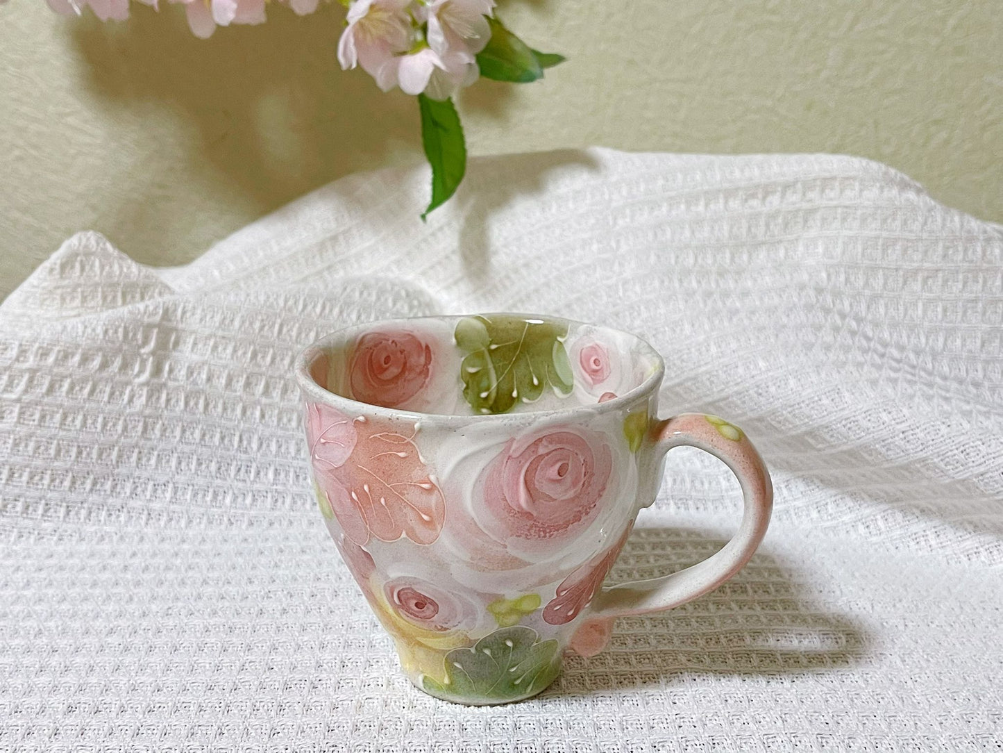 Hand-Painted Rose Tea Mug|Japanese Ceramic Coffee Mug| Handmade Setoyaki Teaware|Authentic Japanese Ceramic Mug with Floral Design