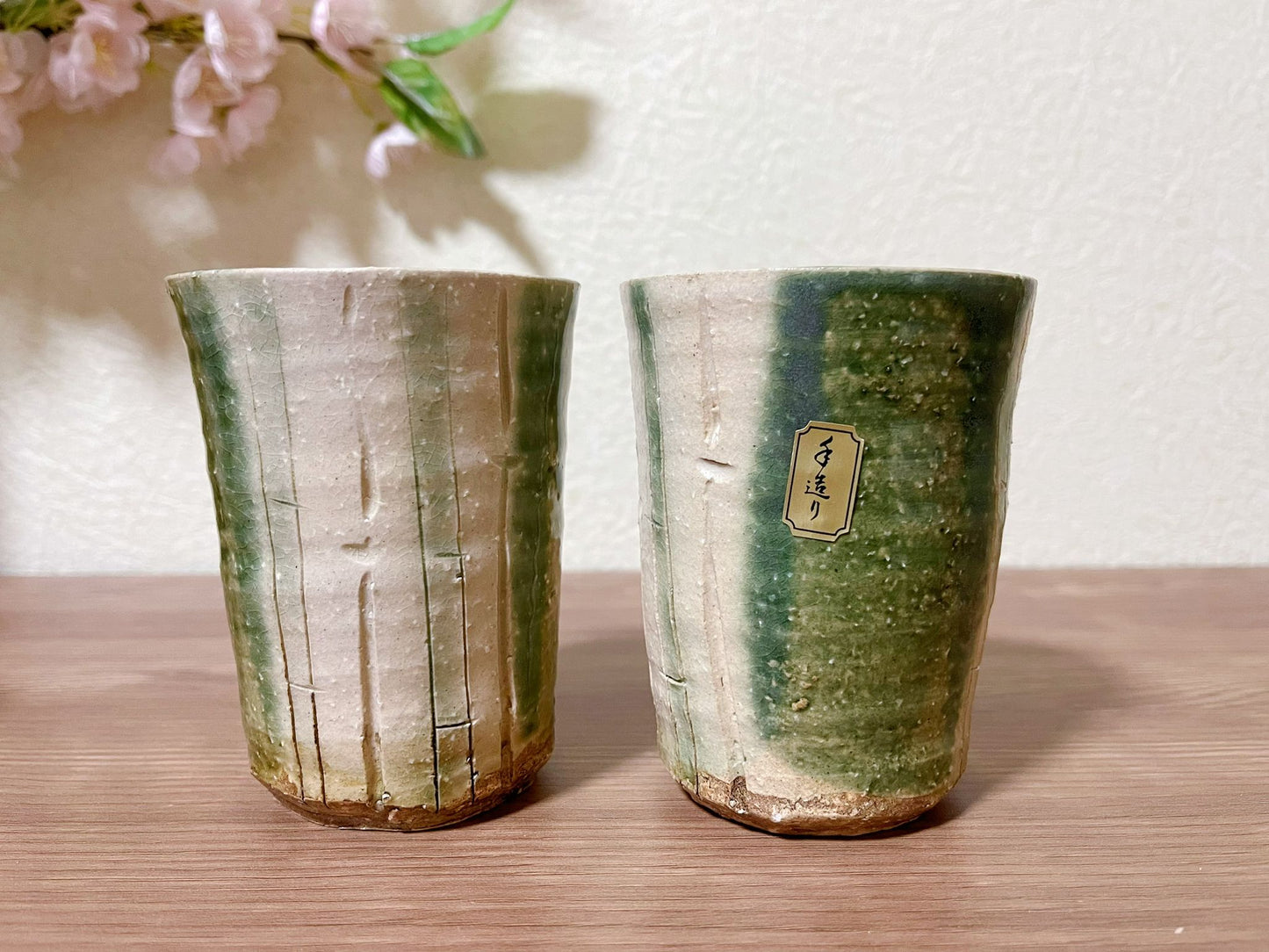 Set of 2 Japanese Handmade Mino Ware Ceramic Teacups Gift Set | Exquisite Mino Yaki Bamboo Design Coffee and Milk Cups | Bamboo Motif Cups