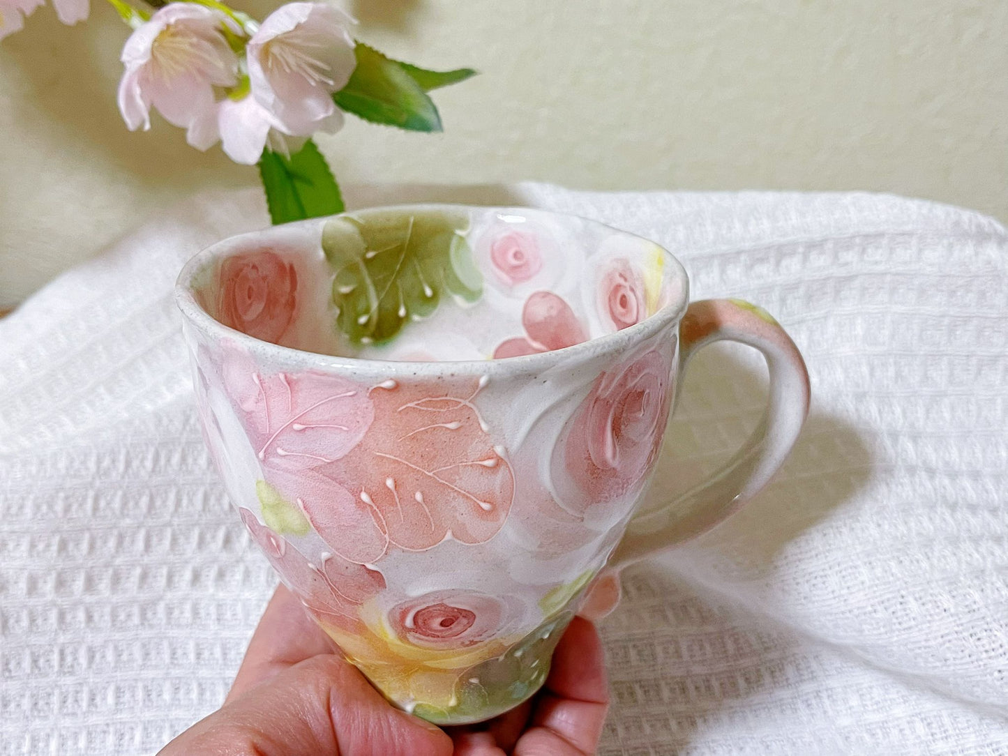 Hand-Painted Rose Tea Mug|Japanese Ceramic Coffee Mug| Handmade Setoyaki Teaware|Authentic Japanese Ceramic Mug with Floral Design