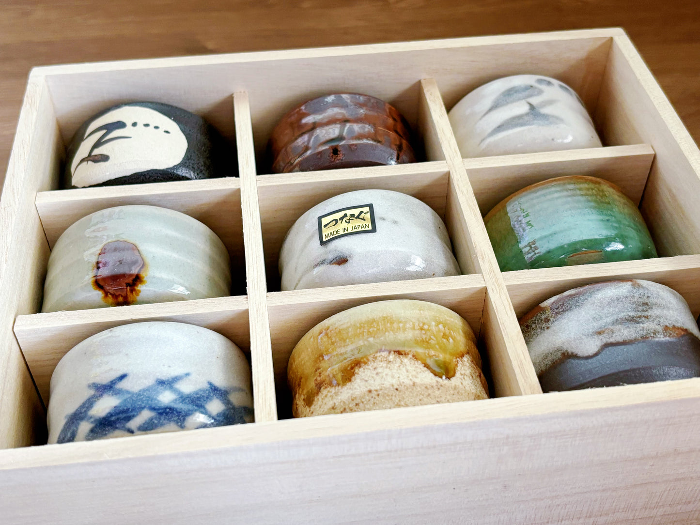 9 Piece Minoyaki Folk Inspired Teacups / Sake Cups | Set of 5 Unique Handmade Japanese Minoware Ceramic Tea Cups in Wooden Giftbox