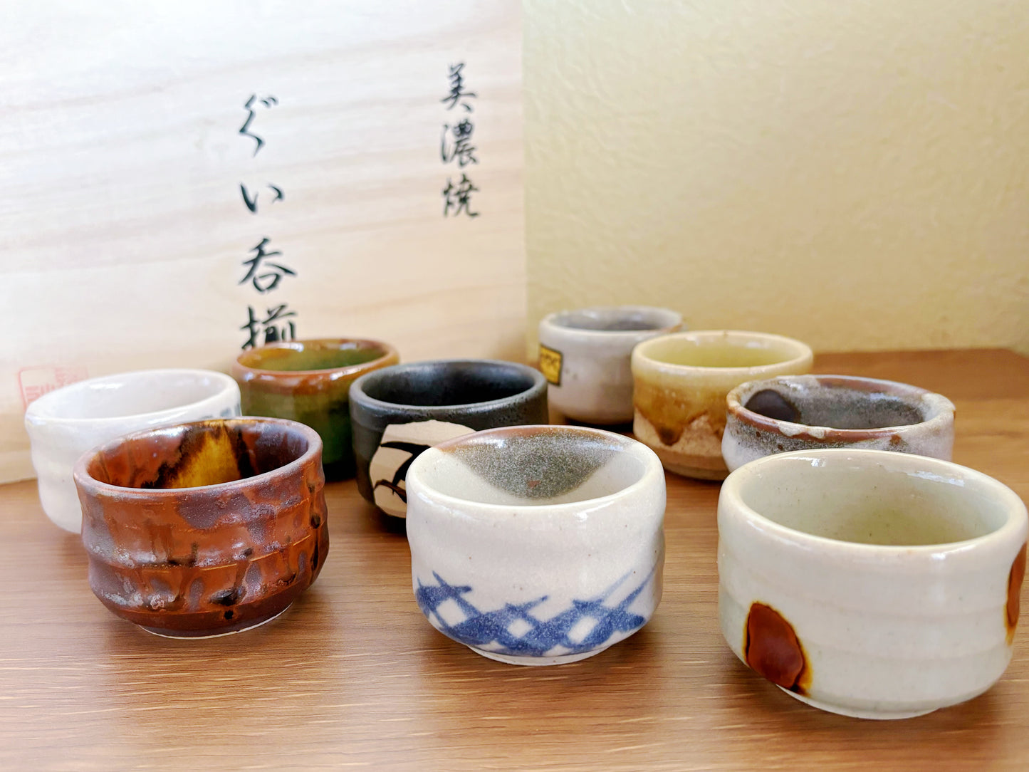 9 Piece Minoyaki Folk Inspired Teacups / Sake Cups | Set of 5 Unique Handmade Japanese Minoware Ceramic Tea Cups in Wooden Giftbox