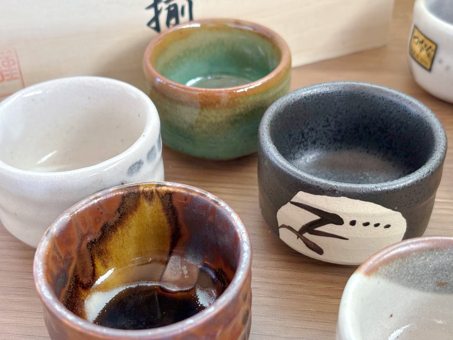 9 Piece Minoyaki Folk Inspired Teacups / Sake Cups | Set of 5 Unique Handmade Japanese Minoware Ceramic Tea Cups in Wooden Giftbox