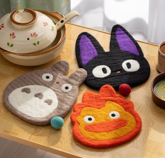 Original Studio Ghibli Handmade Wool Trivet • Totoro, Howl, Kikis Delivery Large Coaster/Place Mat/Pot Mat • Jiji, Calcifer Anime Gift