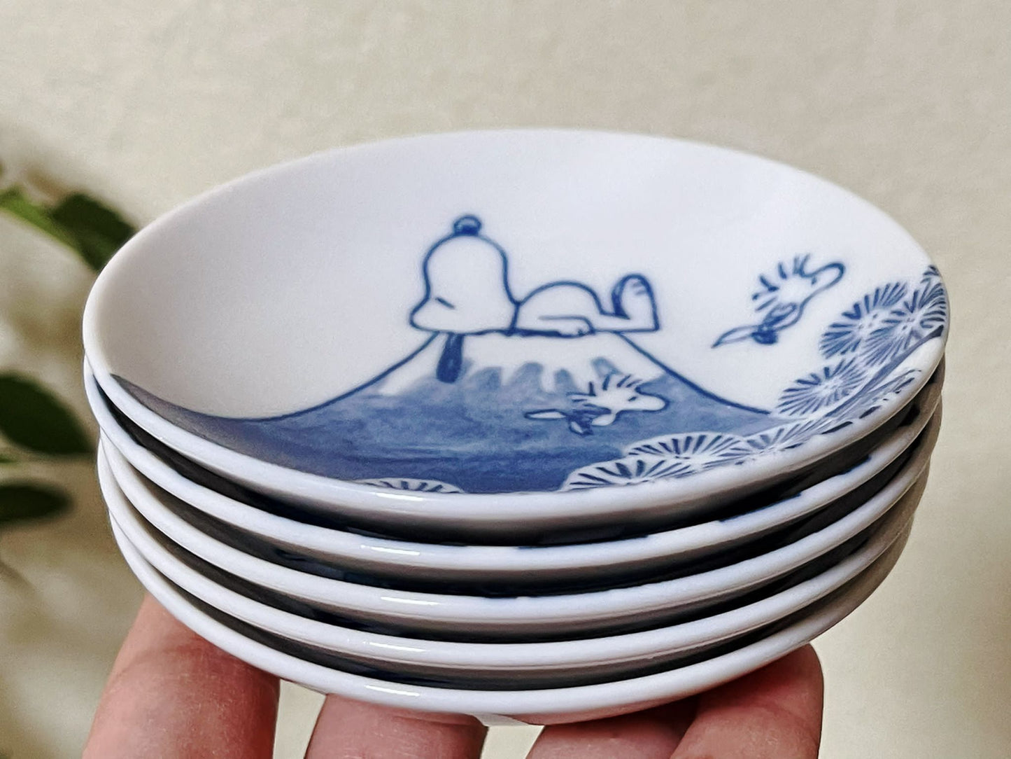 5 Piece, Snoopy Japan Indigo Square Appetizer Plates Peanuts Charlie Brown Mt.Fuji The Great Wave Rare Collectable Tapas Tableware Giftbox