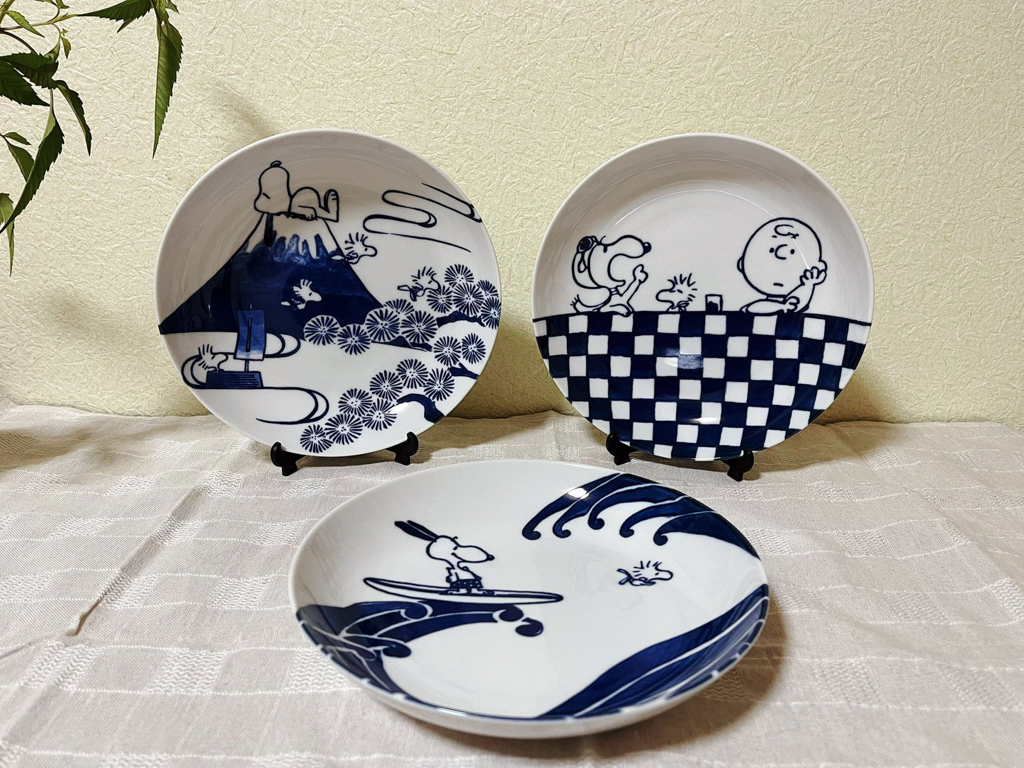 Set of 3 Snoopy Japan Indigo Sometsuke Pasta Plates | Peanuts Japan Snoopy & Charlie Brown Mt.Fuji The Great Wave Rare Collectable Tableware