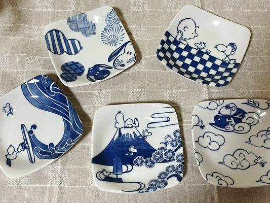 Set of 5 Snoopy Japan Indigo Square Appetizer Plates | Peanuts Snoopy Charlie Brown Mt.Fuji The Great Wave Rare Collectable Tapas Tableware