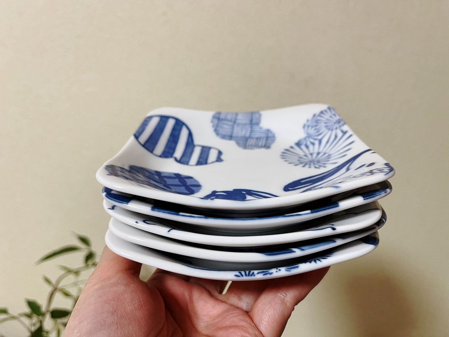 Set of 5 Snoopy Japan Indigo Square Appetizer Plates | Peanuts Snoopy Charlie Brown Mt.Fuji The Great Wave Rare Collectable Tapas Tableware