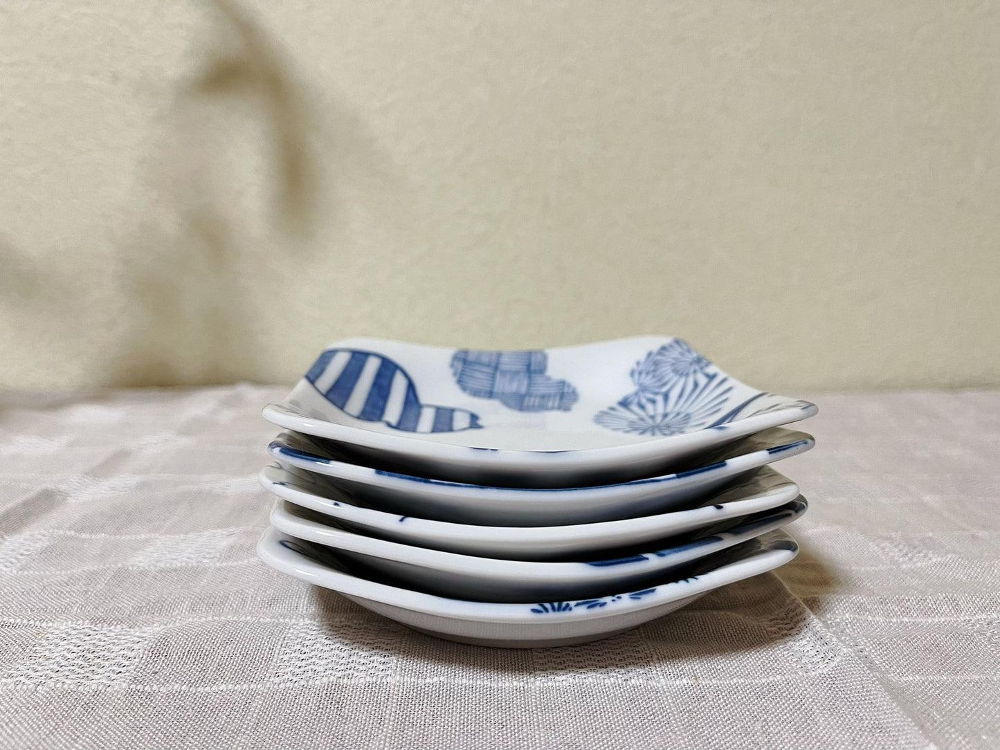 Set of 5 Snoopy Japan Indigo Square Appetizer Plates | Peanuts Snoopy Charlie Brown Mt.Fuji The Great Wave Rare Collectable Tapas Tableware