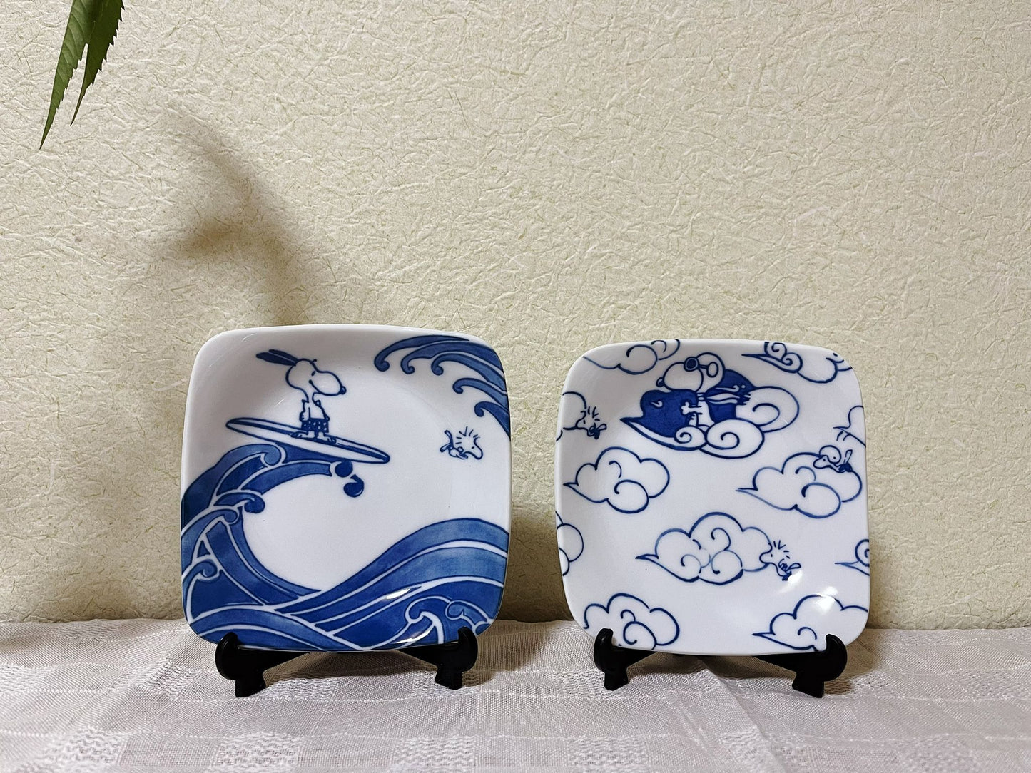 Set of 5 Snoopy Japan Indigo Square Appetizer Plates | Peanuts Snoopy Charlie Brown Mt.Fuji The Great Wave Rare Collectable Tapas Tableware