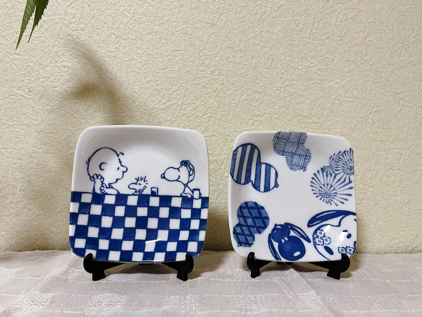 Set of 5 Snoopy Japan Indigo Square Appetizer Plates | Peanuts Snoopy Charlie Brown Mt.Fuji The Great Wave Rare Collectable Tapas Tableware