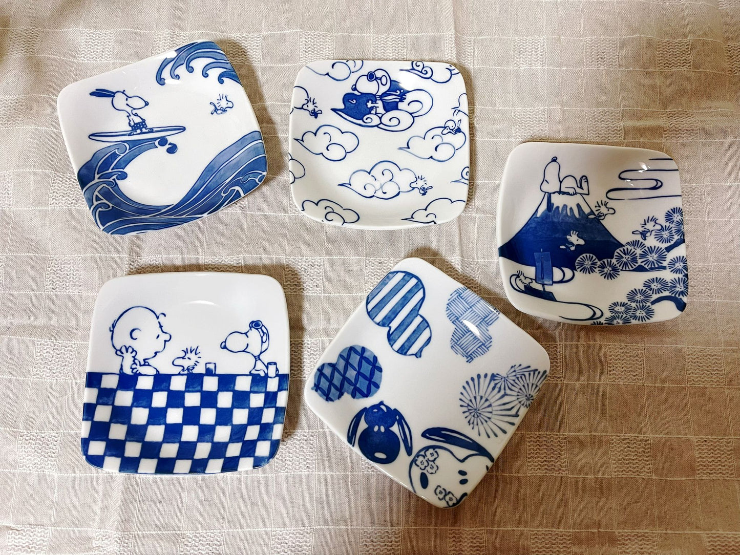 Set of 5 Snoopy Japan Indigo Square Appetizer Plates | Peanuts Snoopy Charlie Brown Mt.Fuji The Great Wave Rare Collectable Tapas Tableware