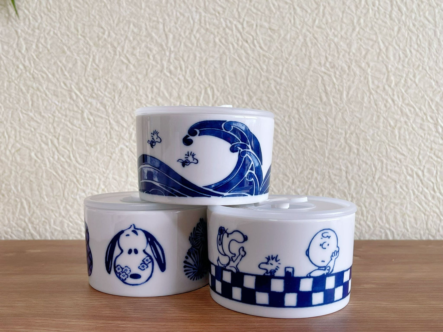 Set of 3 Snoopy Japan Indigo Ceramic Airtight Container | Peanuts Snoopy & Charlie Brown Mt.Fuji The Great Wave Storage Canister/ Lunch Bowl