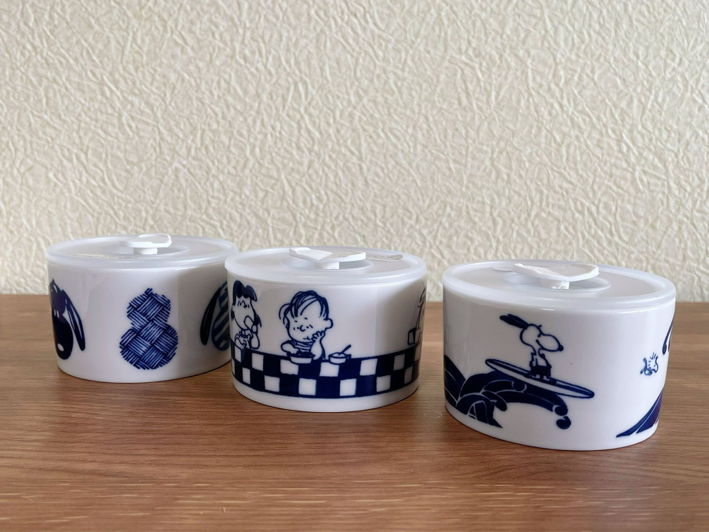 Set of 3 Snoopy Japan Indigo Ceramic Airtight Container | Peanuts Snoopy & Charlie Brown Mt.Fuji The Great Wave Storage Canister/ Lunch Bowl