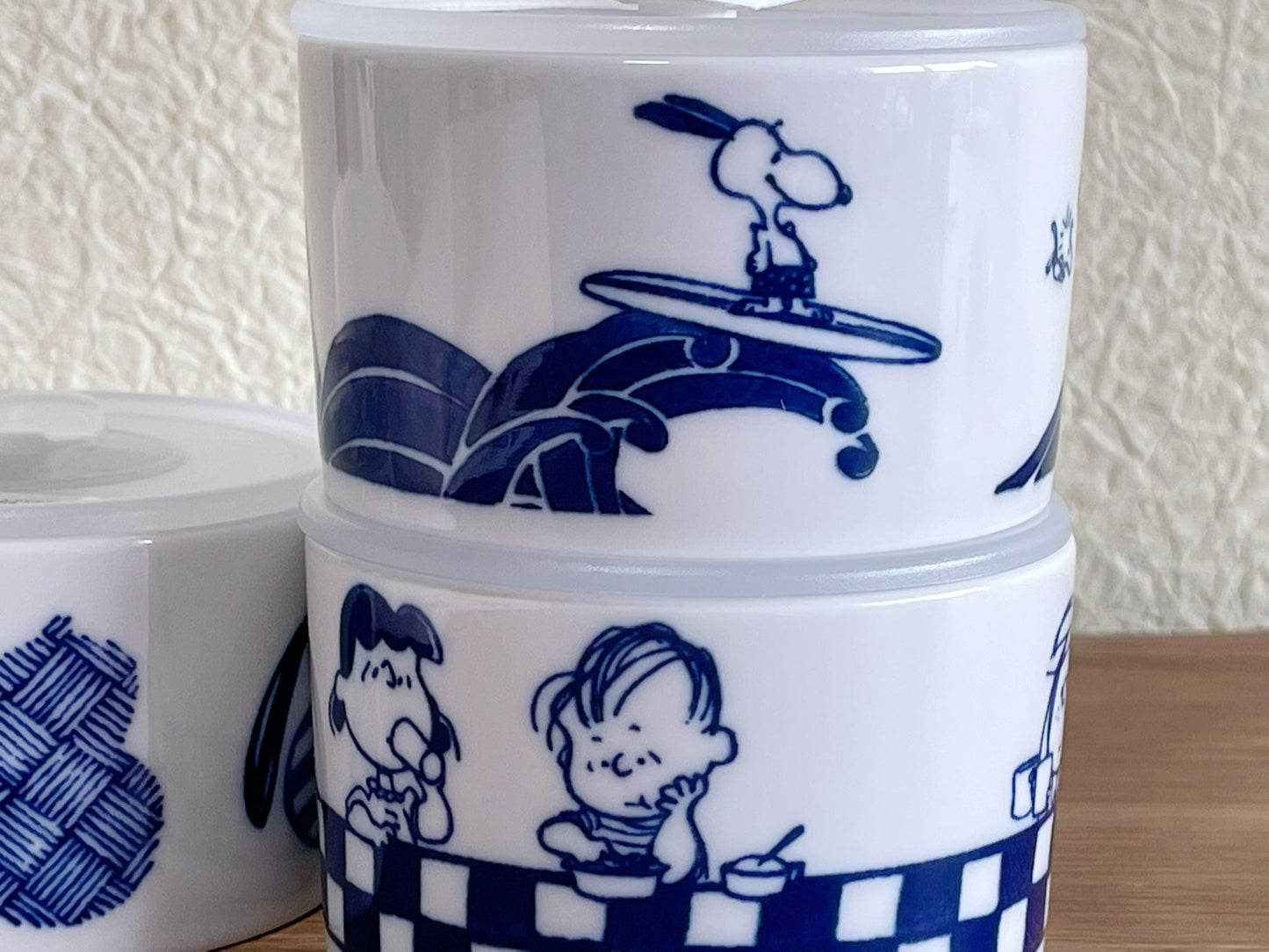 Set of 3 Snoopy Japan Indigo Ceramic Airtight Container | Peanuts Snoopy & Charlie Brown Mt.Fuji The Great Wave Storage Canister/ Lunch Bowl