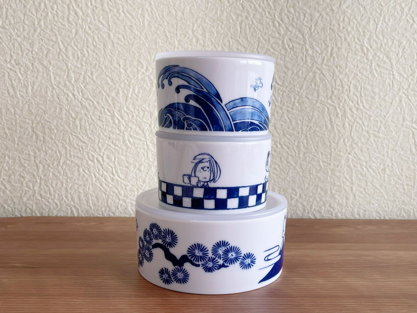 Set of 3 Snoopy Japan Indigo Ceramic Airtight Container | Peanuts Snoopy & Charlie Brown Mt.Fuji The Great Wave Storage Canister/ Lunch Bowl