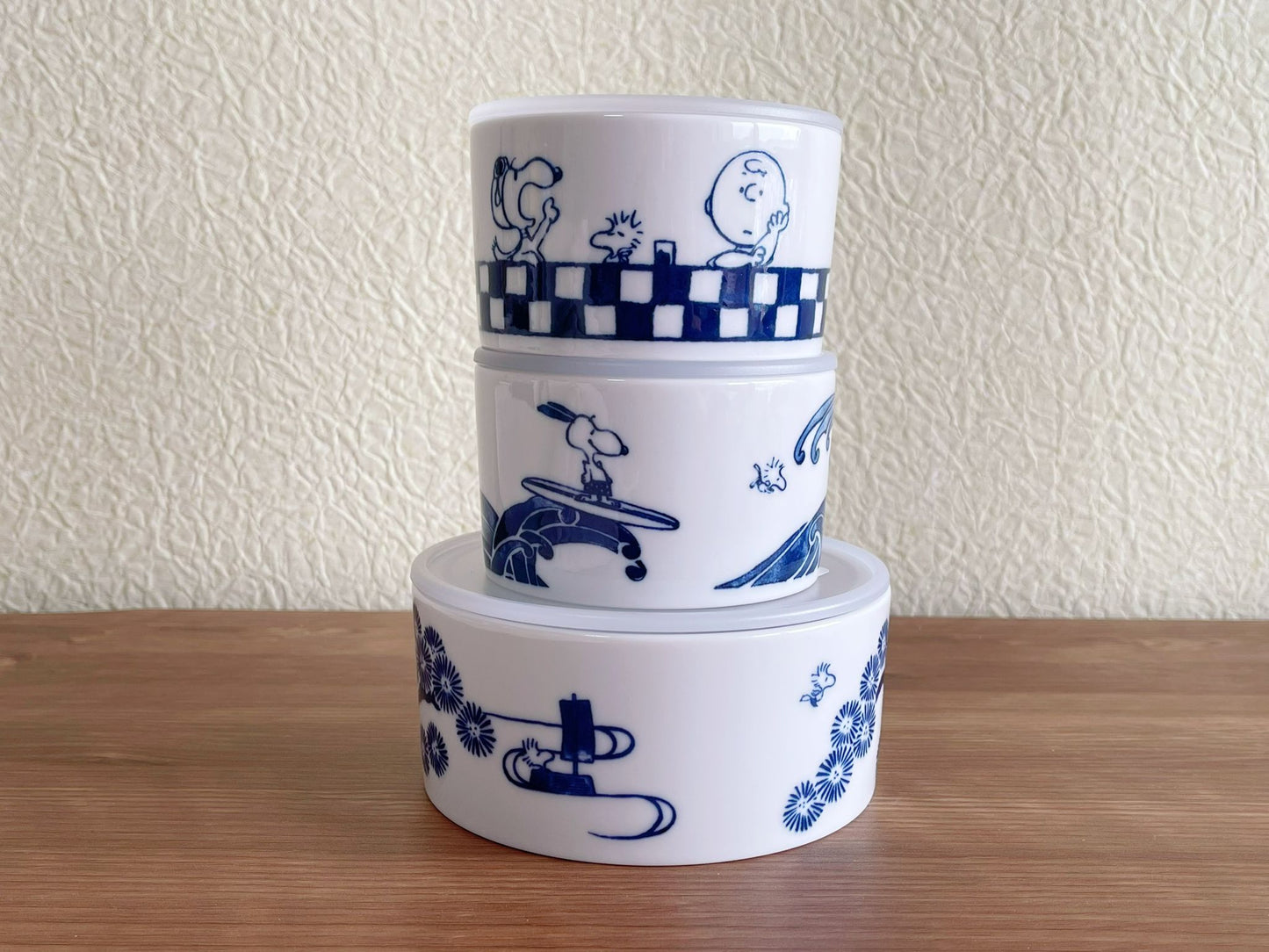 Set of 3 Snoopy Japan Indigo Ceramic Airtight Container | Peanuts Snoopy & Charlie Brown Mt.Fuji The Great Wave Storage Canister/ Lunch Bowl