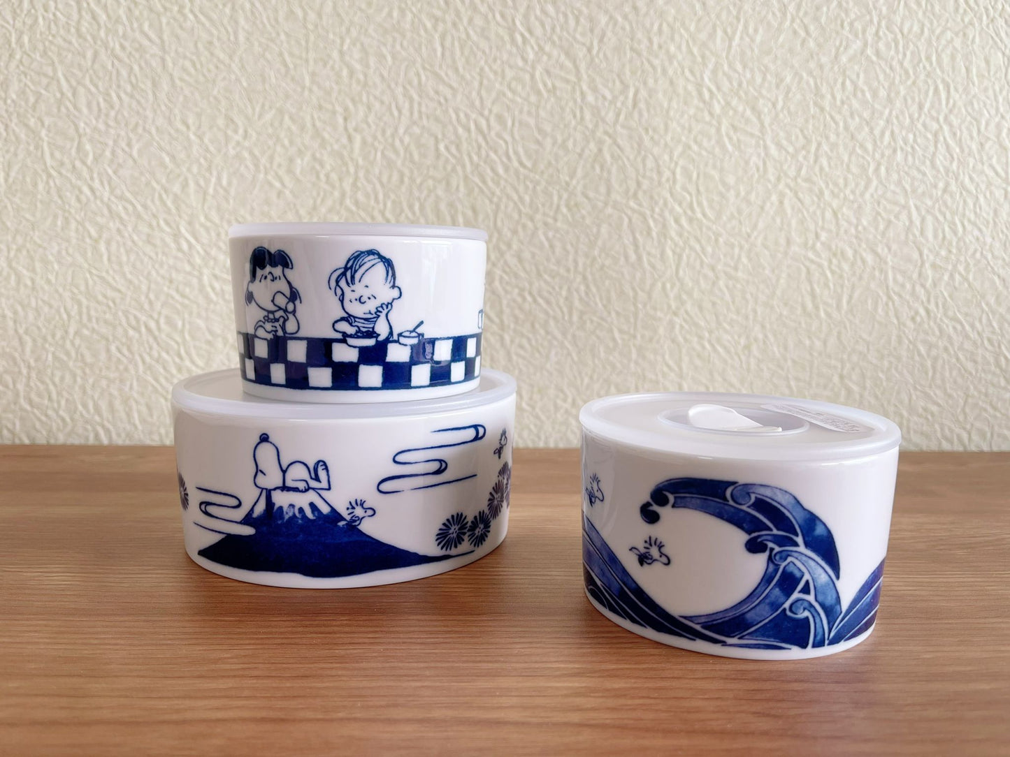 Set of 3 Snoopy Japan Indigo Ceramic Airtight Container | Peanuts Snoopy & Charlie Brown Mt.Fuji The Great Wave Storage Canister/ Lunch Bowl