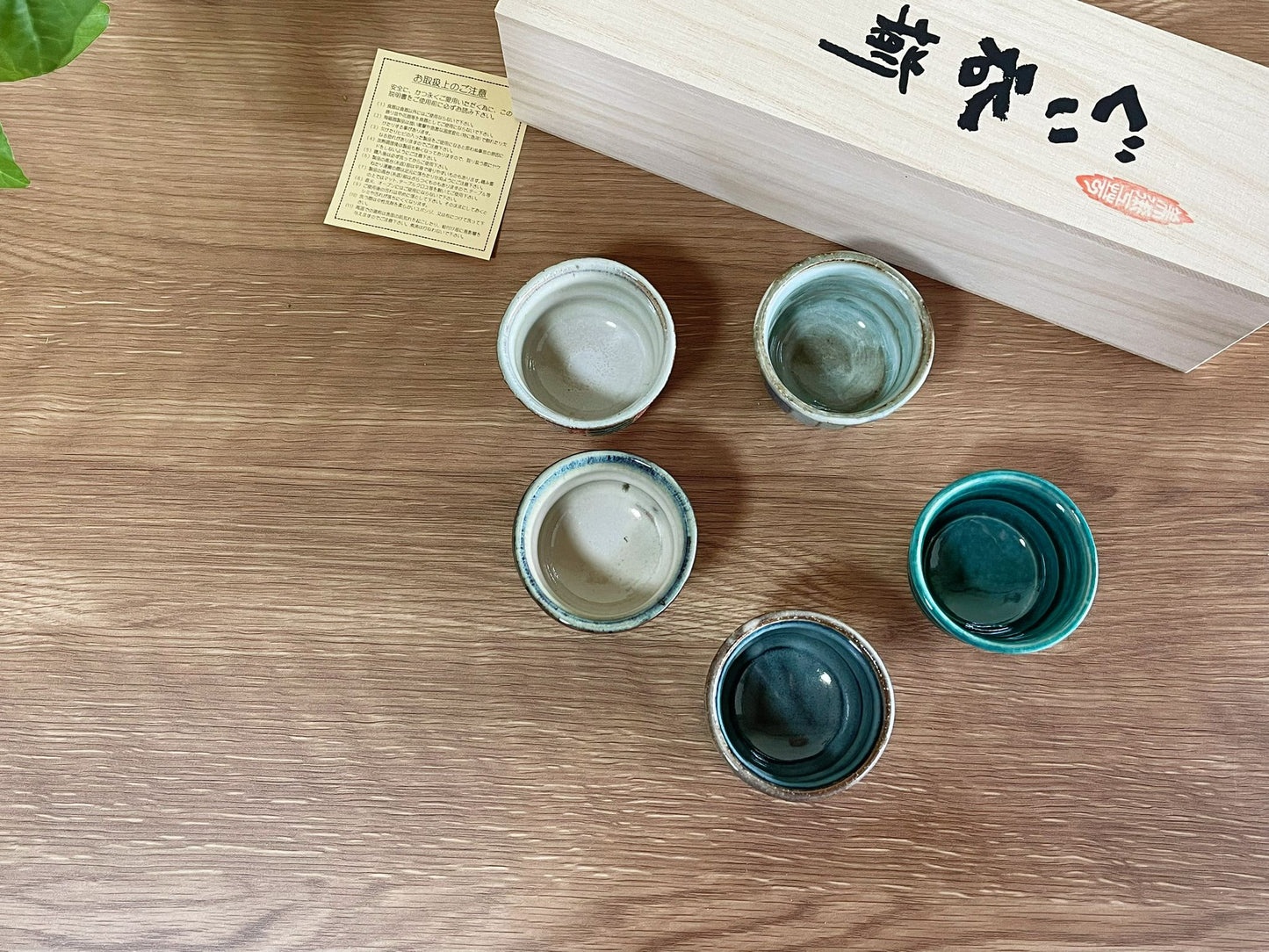 Mino Ware Set of 5 Handmade Sake Cup Gift Set, Teacups, Sake Cups, Unique Handmade Japanese Minoware Ceramic Tea Cups in Wood Giftbox