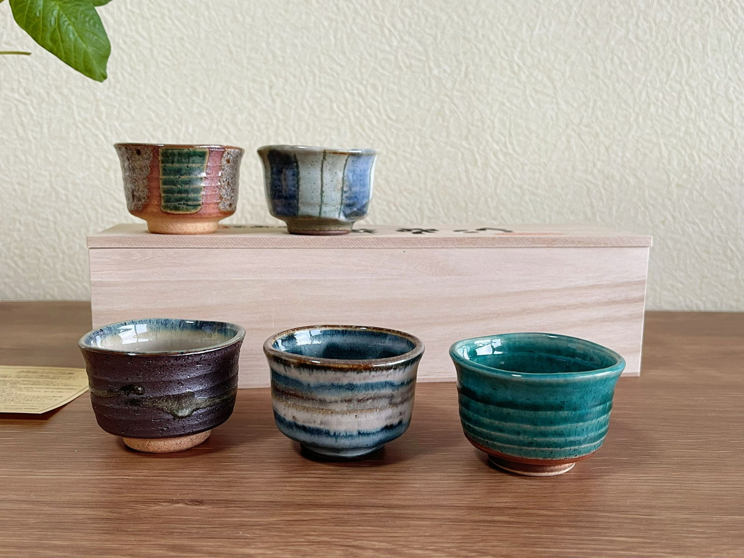 Mino Ware Set of 5 Handmade Sake Cup Gift Set, Teacups, Sake Cups, Unique Handmade Japanese Minoware Ceramic Tea Cups in Wood Giftbox