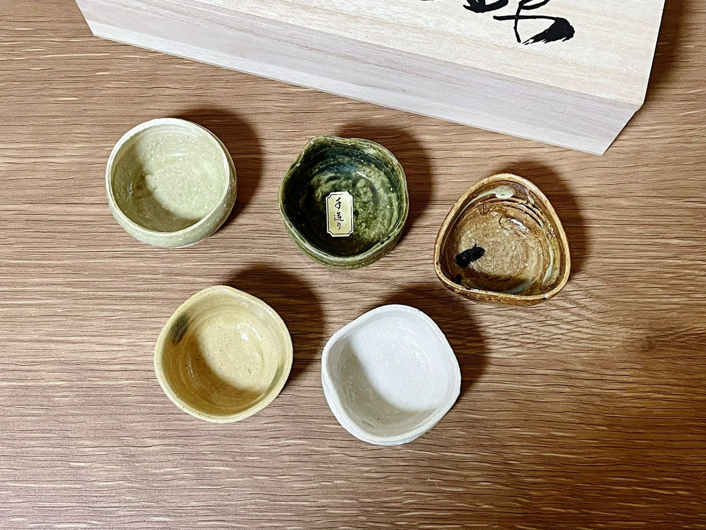 5 Piece Minoyaki Folk Inspired Teacups / Sake Cups | Set of 5 Unique Handmade Japanese Minoware Ceramic Tea Cups in Wooden Giftbox