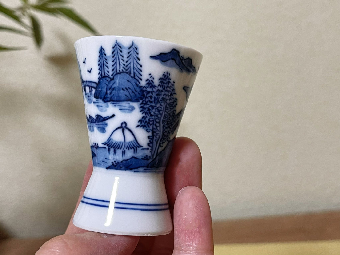 5 Pieces, Jpaneese Mino Ware Ancient Blue Landscape Painting Ceramic Sake Cups,Handmade in Japan