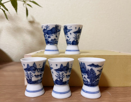 5 Pieces, Jpaneese Mino Ware Ancient Blue Landscape Painting Ceramic Sake Cups,Handmade in Japan