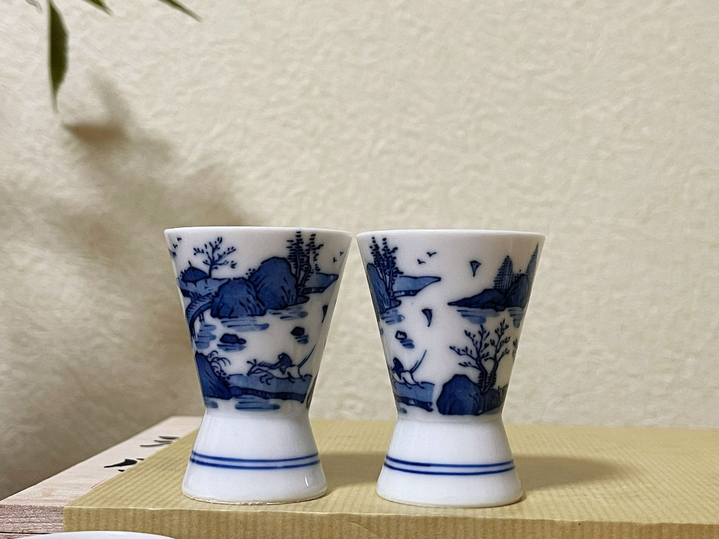 5 Pieces, Jpaneese Mino Ware Ancient Blue Landscape Painting Ceramic Sake Cups,Handmade in Japan