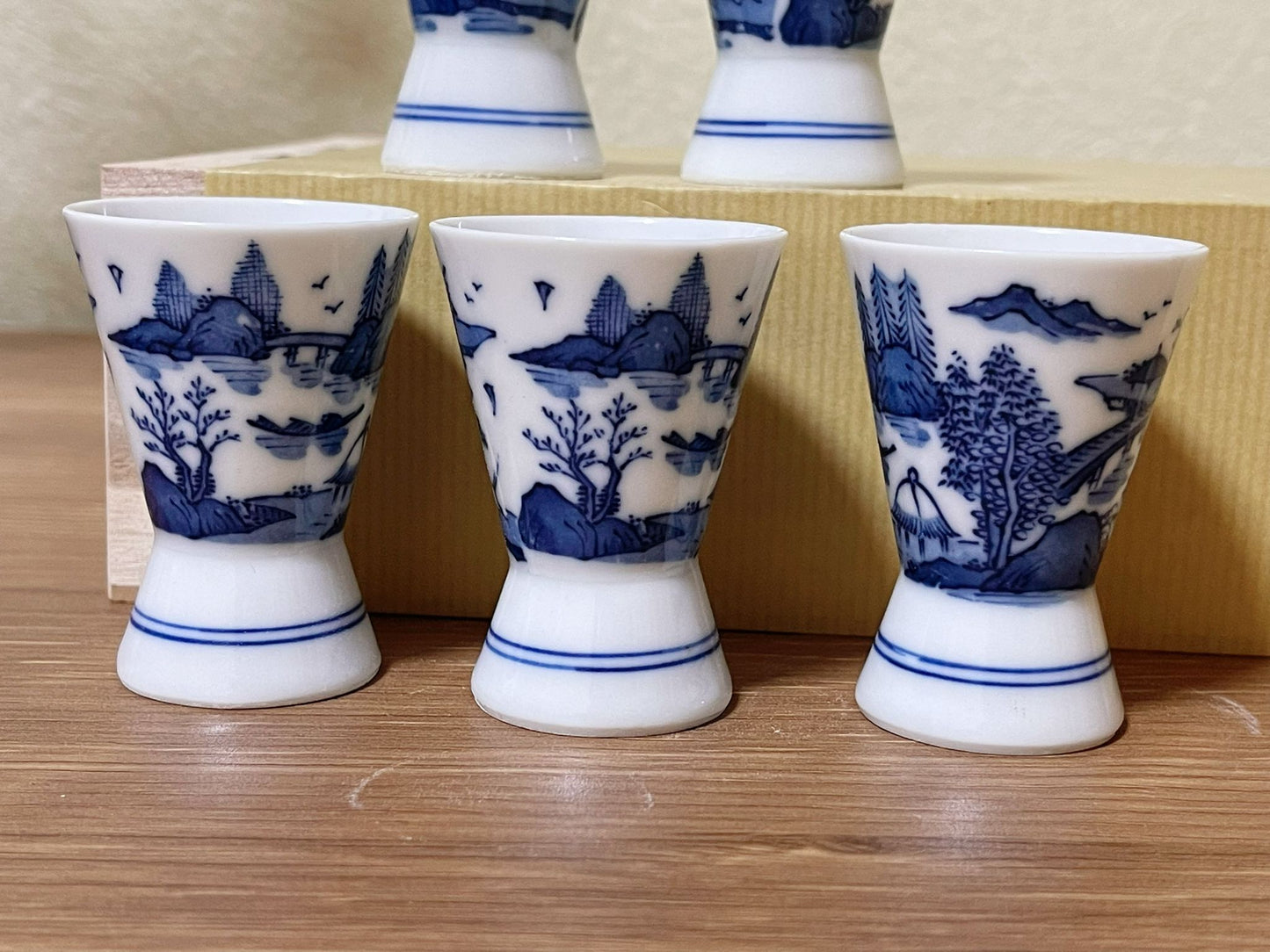 5 Pieces, Jpaneese Mino Ware Ancient Blue Landscape Painting Ceramic Sake Cups,Handmade in Japan