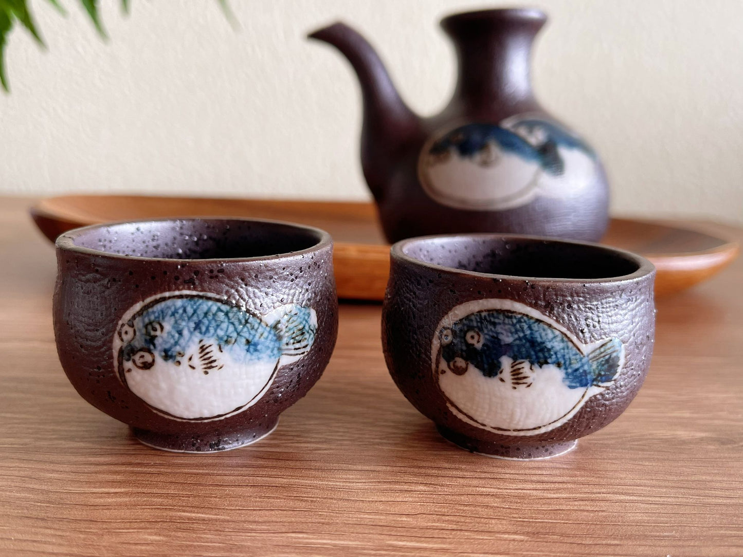 Set of 3, Japanese Mino Ware Pufferfish Ceramic Sake Cups Pots Gift Set