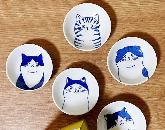 5 Piece Japanese Minoyaki Cats Mamezara Plate Set in Gift Box | Set of 5 Kawaii Petite Neko Cat Portrait Soy Sauce Plate/ Pickle Olive Dish