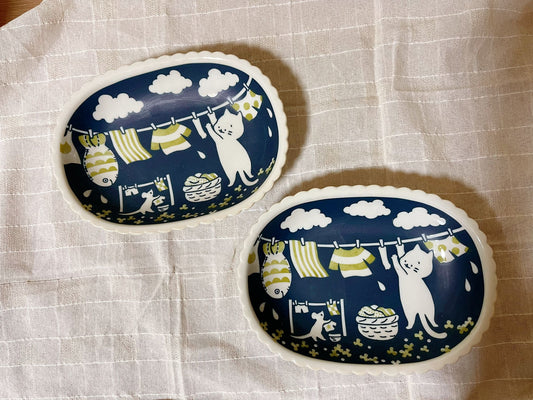 2 Piece, Mino ware Handmade Kawaii Kitty Cat small plate set,Japanese Mino yaki Cute Cat Oval Plate Kitty Sunday, Made in Japan,Gift Box