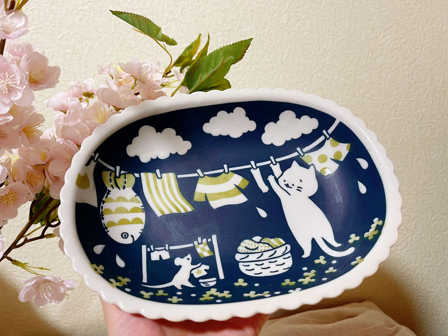 2 Piece, Mino ware Handmade Kawaii Kitty Cat small plate set,Japanese Mino yaki Cute Cat Oval Plate Kitty Sunday, Made in Japan,Gift Box