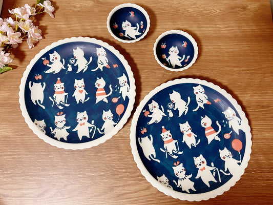 4 Piece, Japanese Mino ware Handmade Kawaii Kitty Cat Large Plate & Bowl Set, Mino yaki Cute Cat Kitty Sunday, Made in Japan,Gift Box