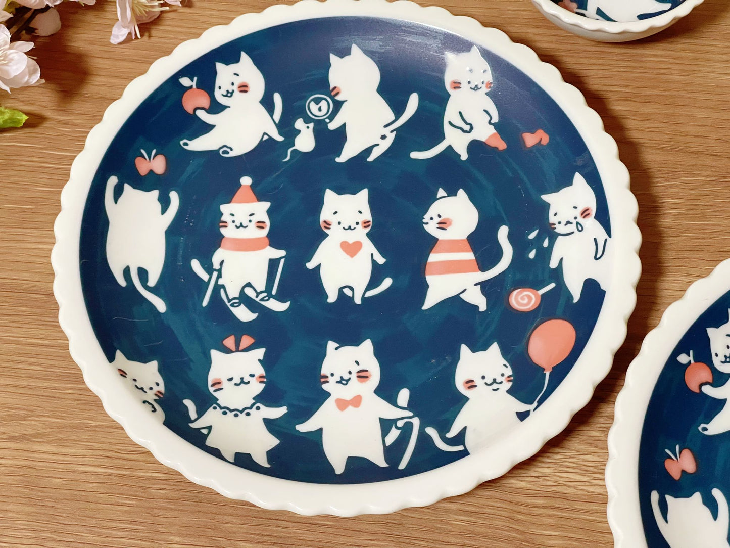 4 Piece, Japanese Mino ware Handmade Kawaii Kitty Cat Large Plate & Bowl Set, Mino yaki Cute Cat Kitty Sunday, Made in Japan,Gift Box