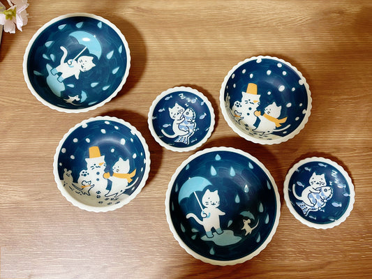 6 Piece, Japanese Mino ware Handmade Kawaii Kitty Cat Plate & Bowl Set, Mino yaki Cute Cat kitten Sunday,Snowman/Fish Made in Japan,Gift Box