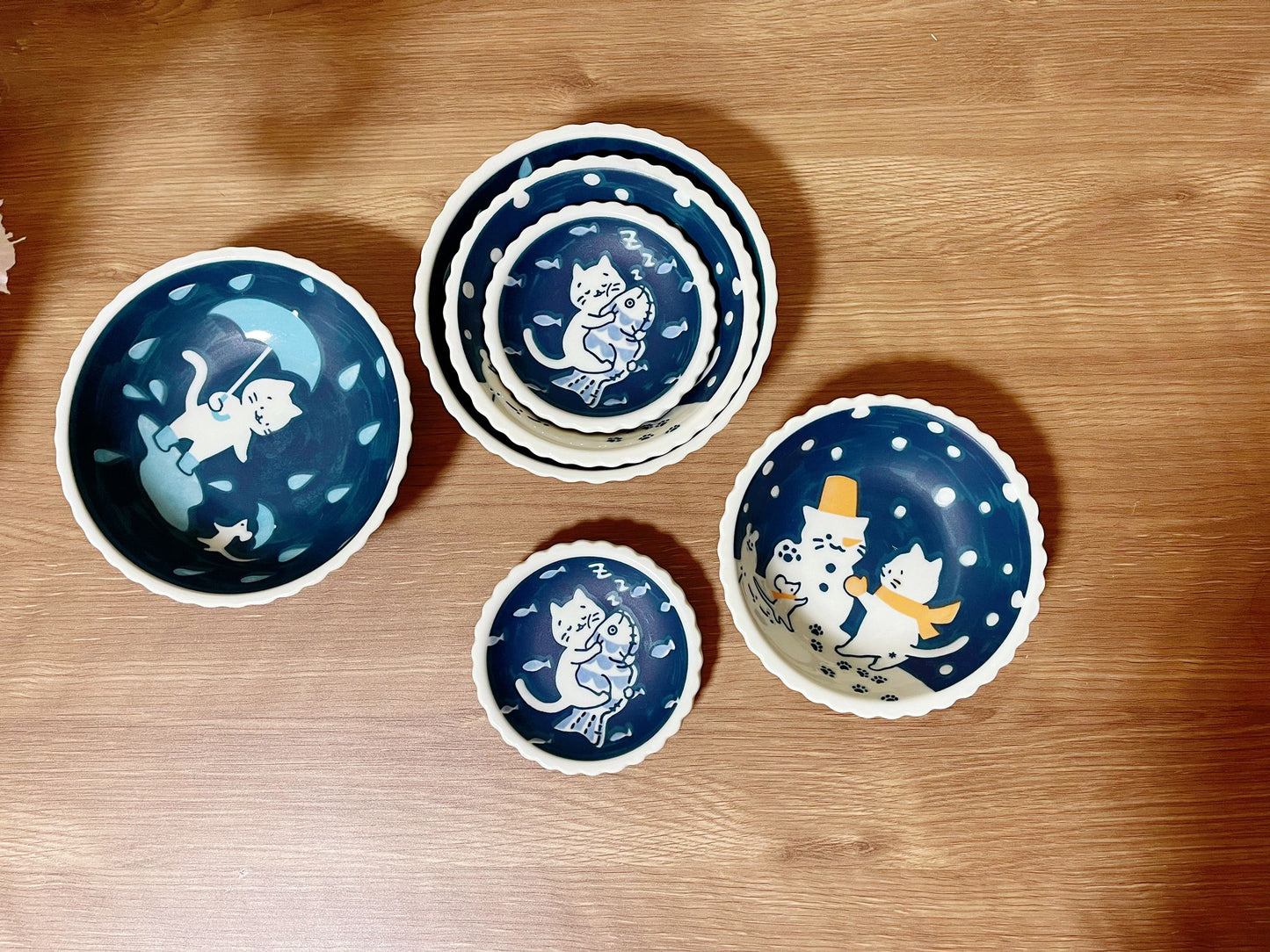 6 Piece, Japanese Mino ware Handmade Kawaii Kitty Cat Plate & Bowl Set, Mino yaki Cute Cat kitten Sunday,Snowman/Fish Made in Japan,Gift Box