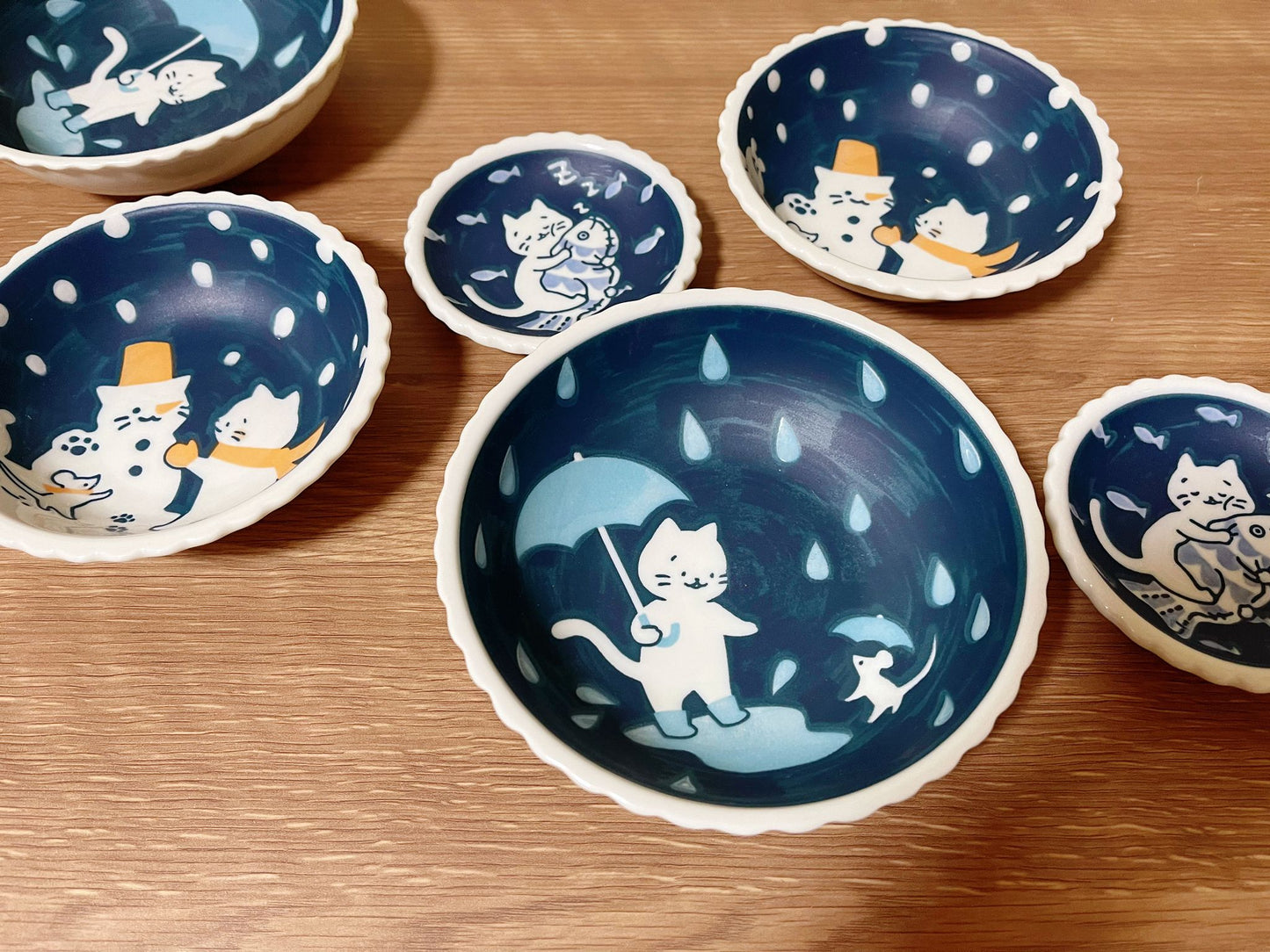 6 Piece, Japanese Mino ware Handmade Kawaii Kitty Cat Plate & Bowl Set, Mino yaki Cute Cat kitten Sunday,Snowman/Fish Made in Japan,Gift Box