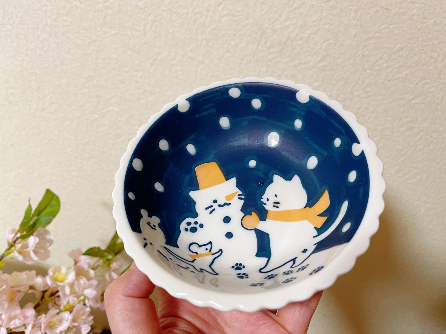 6 Piece, Japanese Mino ware Handmade Kawaii Kitty Cat Plate & Bowl Set, Mino yaki Cute Cat kitten Sunday,Snowman/Fish Made in Japan,Gift Box