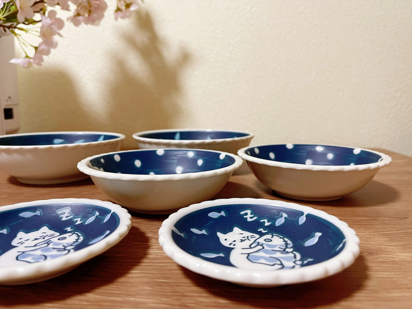 6 Piece, Japanese Mino ware Handmade Kawaii Kitty Cat Plate & Bowl Set, Mino yaki Cute Cat kitten Sunday,Snowman/Fish Made in Japan,Gift Box