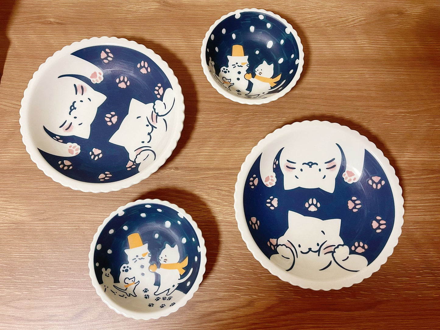 4 Piece, Japan Mino ware Handmade Kawaii Kitty Cat Ceramic Plate & Bowl Set, Mino yaki Cute Cat kitten Sunday, Appetizer, Dessert, Breakfast