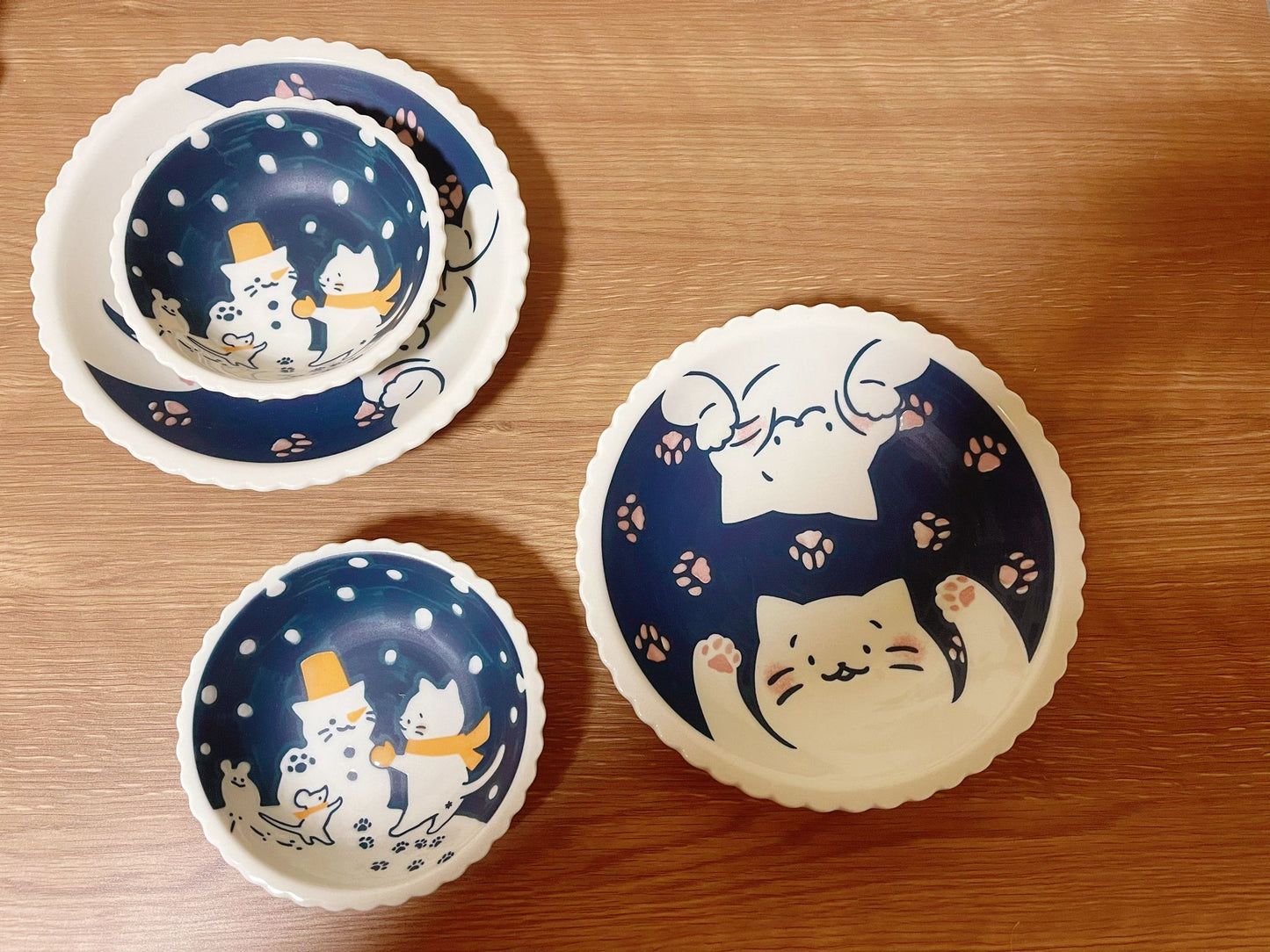 4 Piece, Japan Mino ware Handmade Kawaii Kitty Cat Ceramic Plate & Bowl Set, Mino yaki Cute Cat kitten Sunday, Appetizer, Dessert, Breakfast