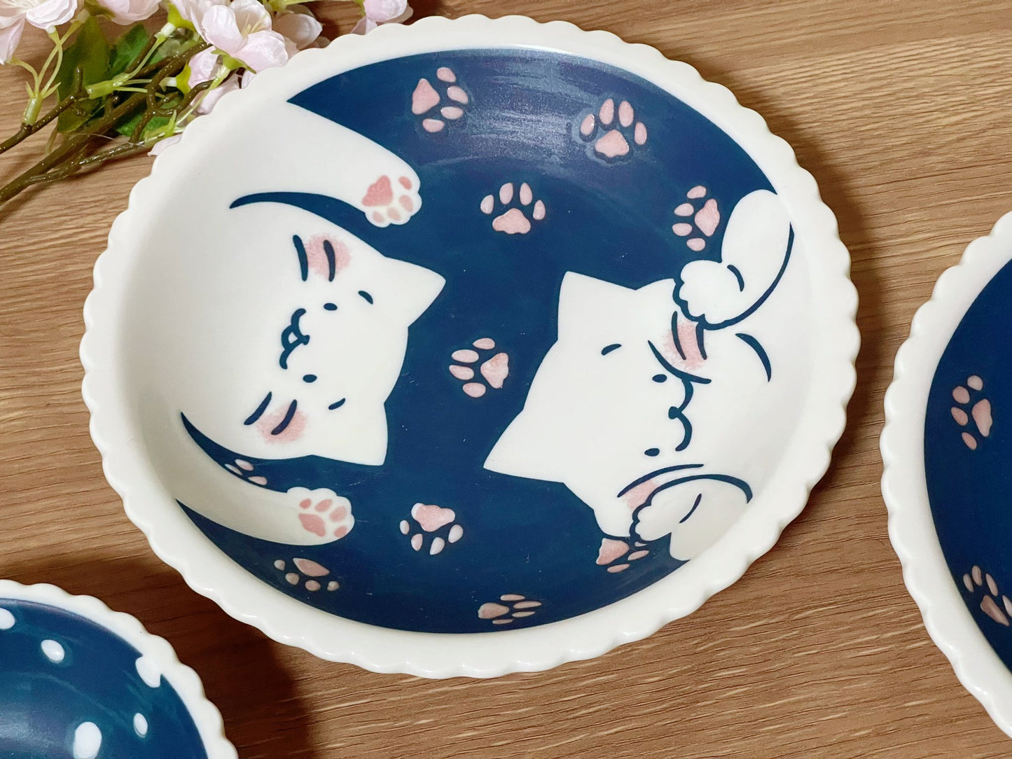 4 Piece, Japan Mino ware Handmade Kawaii Kitty Cat Ceramic Plate & Bowl Set, Mino yaki Cute Cat kitten Sunday, Appetizer, Dessert, Breakfast