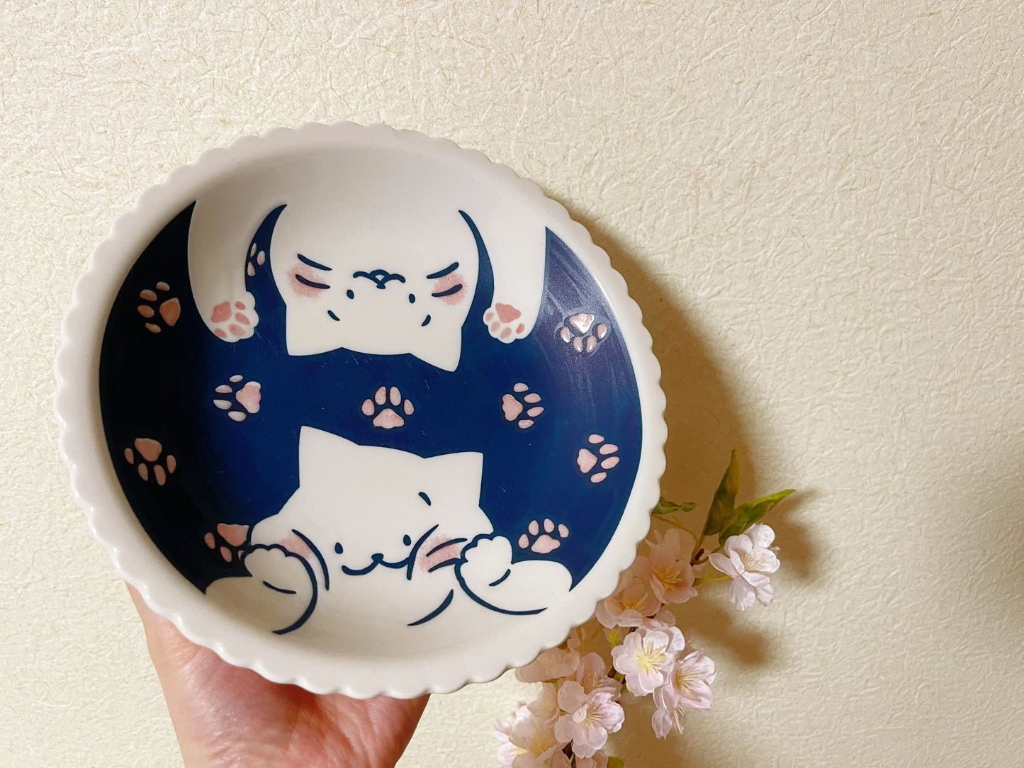 4 Piece, Japan Mino ware Handmade Kawaii Kitty Cat Ceramic Plate & Bowl Set, Mino yaki Cute Cat kitten Sunday, Appetizer, Dessert, Breakfast